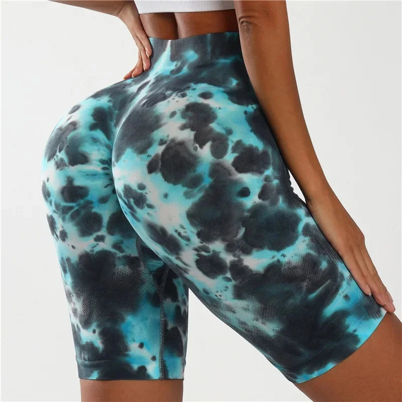 Seamless Unique Dyed High-Waisted Elastic Quick Dry Fitness Three-Quarter Shorts Women'S No Embarrassment Line Tying Leggings