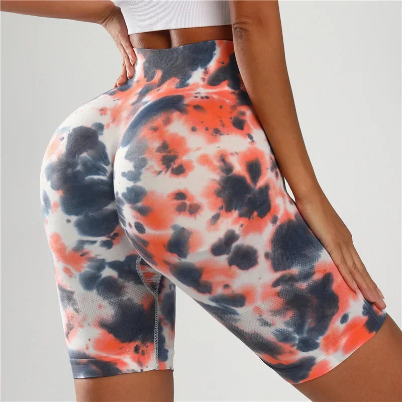 Seamless Unique Dyed High-Waisted Elastic Quick Dry Fitness Three-Quarter Shorts Women'S No Embarrassment Line Tying Leggings