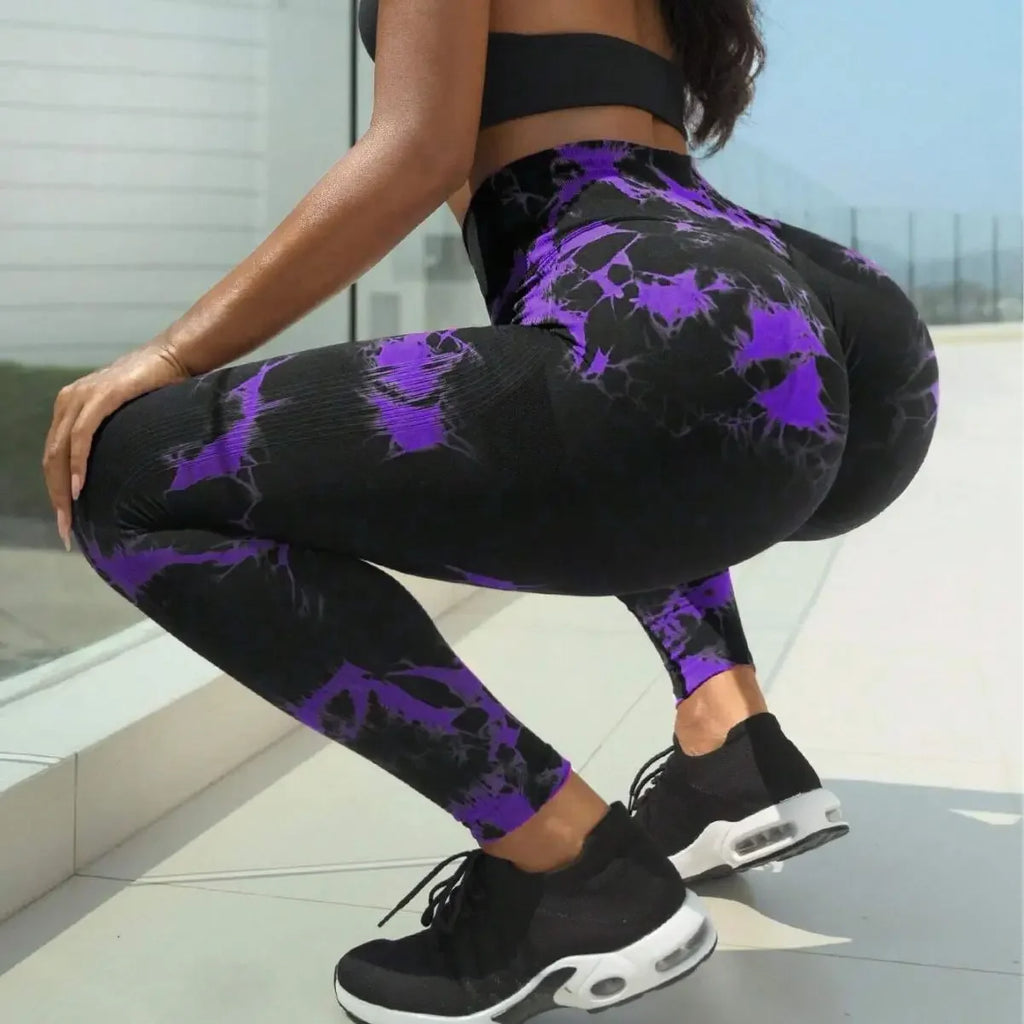 New High-Waisted Yoga Pants Women'S Running Fitness Trousers Sweat-Absorbent Tie-Dye Peach-Colored Push-Up Pants