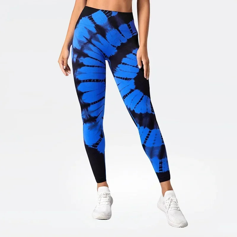 Women Seamless Tie Dye Leggings Slim Knit Pants Fitness Yoga Workout Running Elastic High Waist Hip Lift Fashion Sports Tights