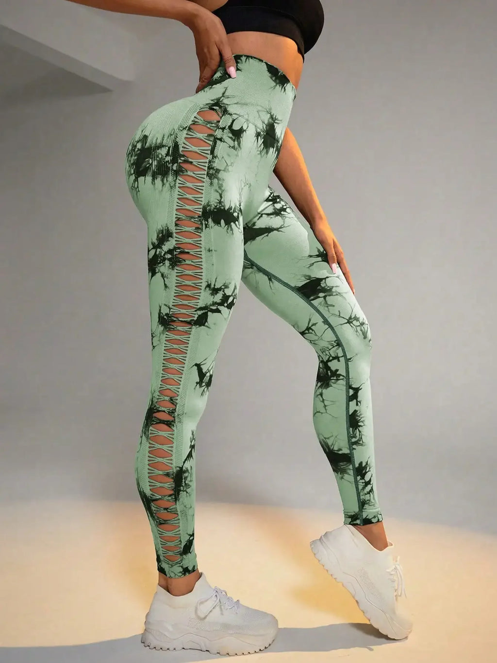 Tie Dye Seamless Leggings for Women High Waist Yoga Pants, Scrunch Butt Lifting Elastic Tights, Side Mesh Design Fitness