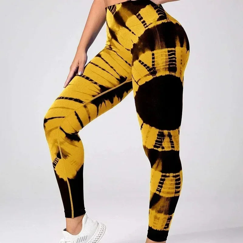 Women Seamless Tie Dye Leggings Slim Knit Pants Fitness Yoga Workout Running Elastic High Waist Hip Lift Fashion Sports Tights