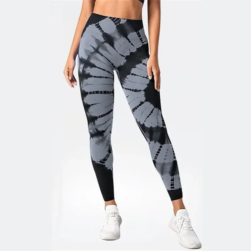 Women Seamless Tie Dye Leggings Slim Knit Pants Fitness Yoga Workout Running Elastic High Waist Hip Lift Fashion Sports Tights