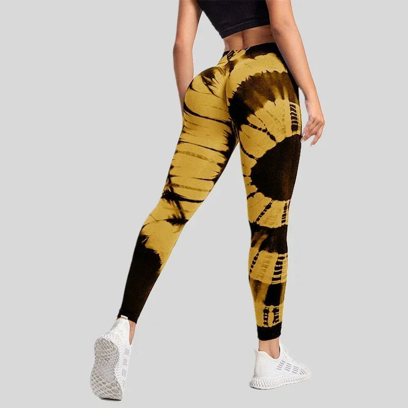 Women Seamless Tie Dye Leggings Slim Knit Pants Fitness Yoga Workout Running Elastic High Waist Hip Lift Fashion Sports Tights