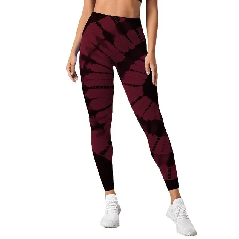 Women Seamless Tie Dye Leggings Slim Knit Pants Fitness Yoga Workout Running Elastic High Waist Hip Lift Fashion Sports Tights